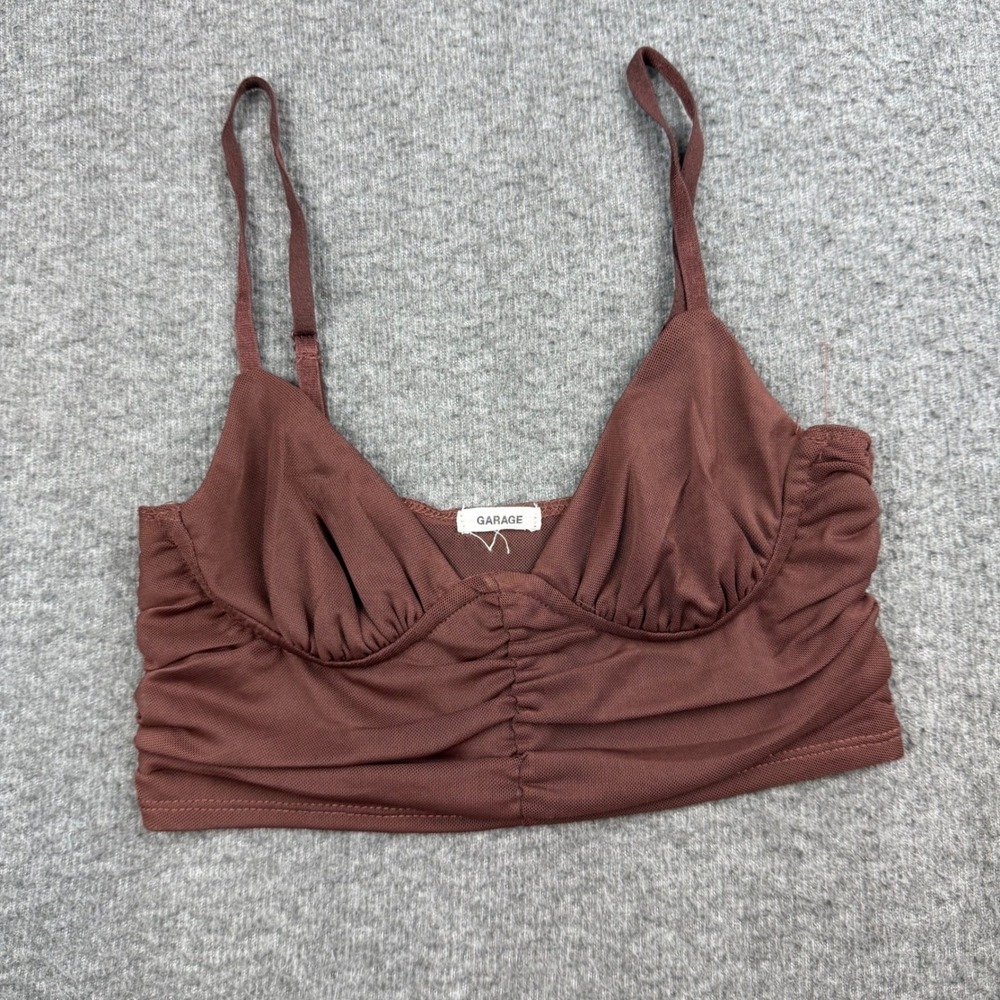 Garage Bralette Crop Top Women's XS Brown Mesh Ruched Bust Adjustable Straps
